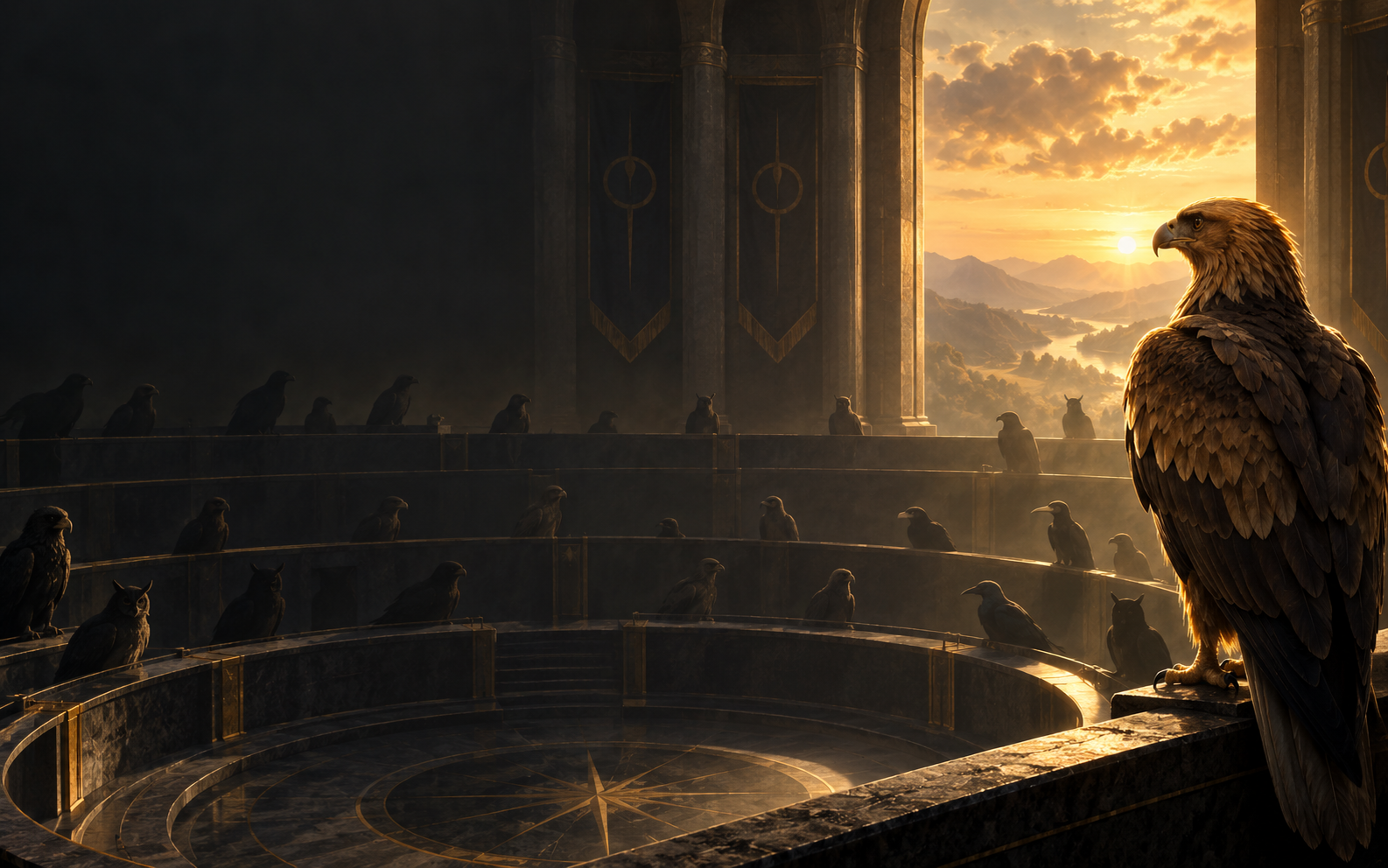An eagle and other birds in a grand, shadowed hall at sunrise